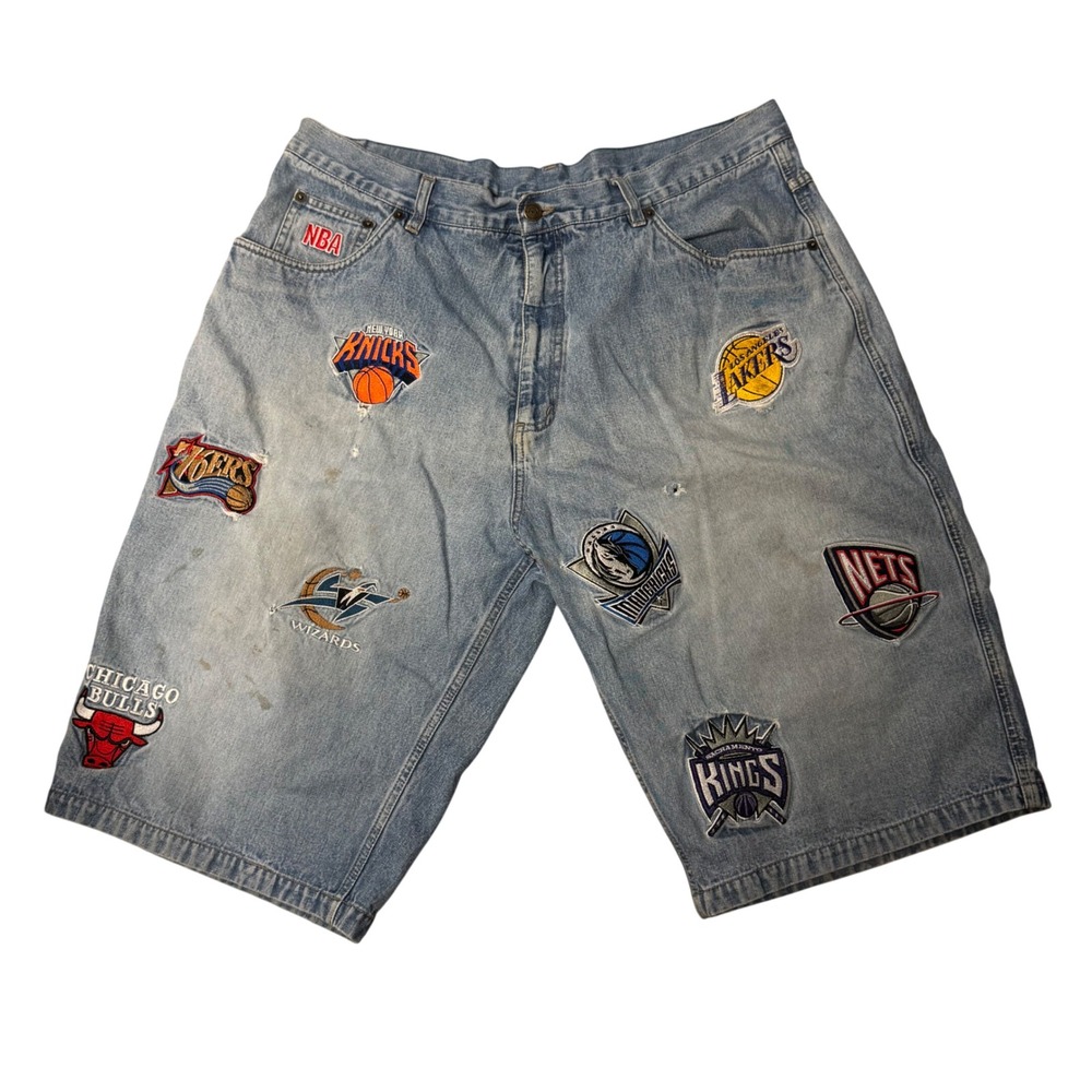 Vintage UNK NBA All Over Patch Denim Shorts Mens 38 Baggy Lakers Bulls Knicks
